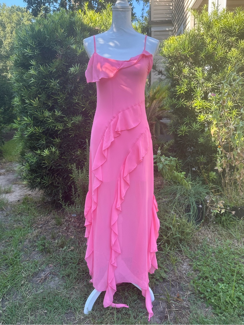 Feminine Pink Ruffle Maxi Slip Dress with Spaghetti Straps